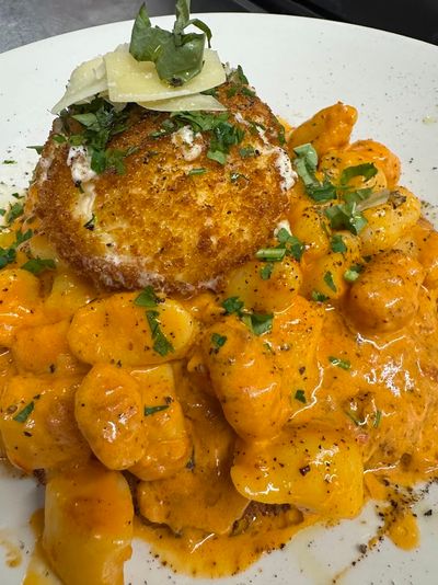Our Newest Special - Chicken Cutlet with Vodka Sauced Gnocchi and a Fried Burrata Ball 