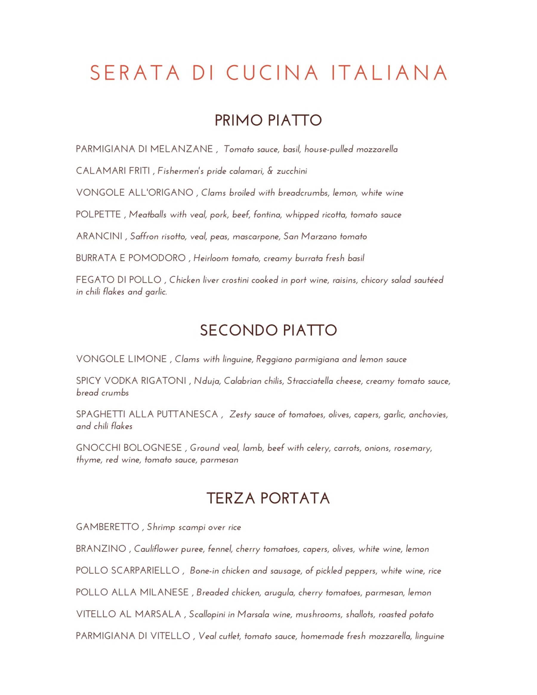 Nona's kitchen with our delightful three-course meal, available on Tuesday and Wednesday nights for just $49.99