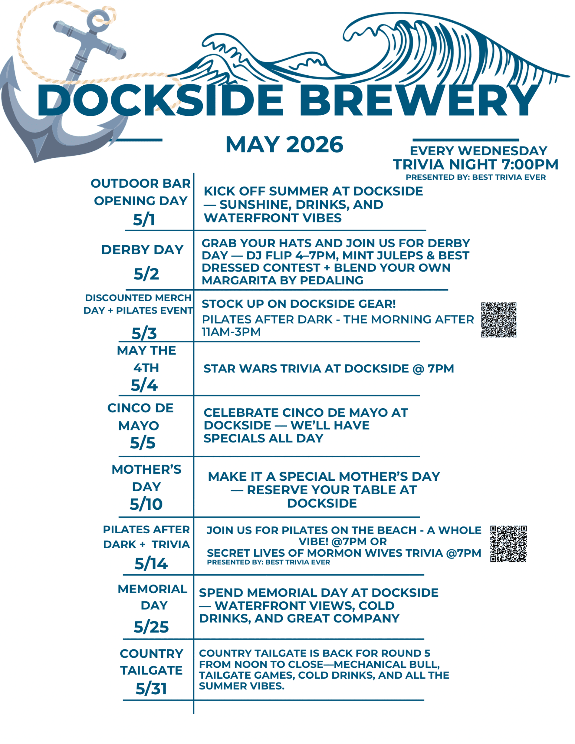 Dockside's May Specials and Events