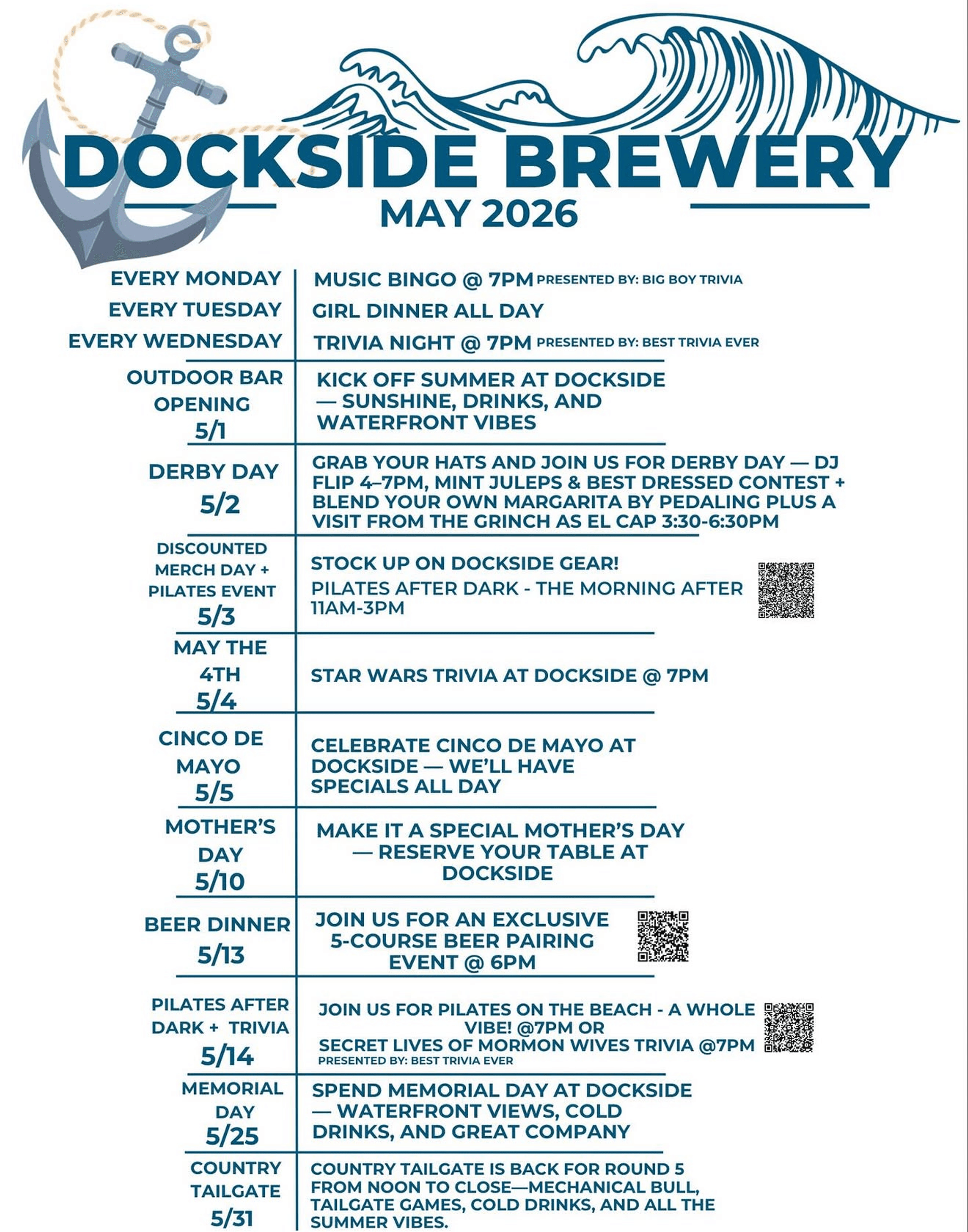 Dockside's May Specials and Events